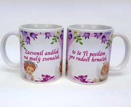 Porcelnov bl hrnek s celo obtiskem - Zazvonil andlek na mal zvoneek