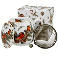 CHRISTMAS BIRDS - Porcelnov hrnek barylka 430ml s vkem a kov. stkem v boxu